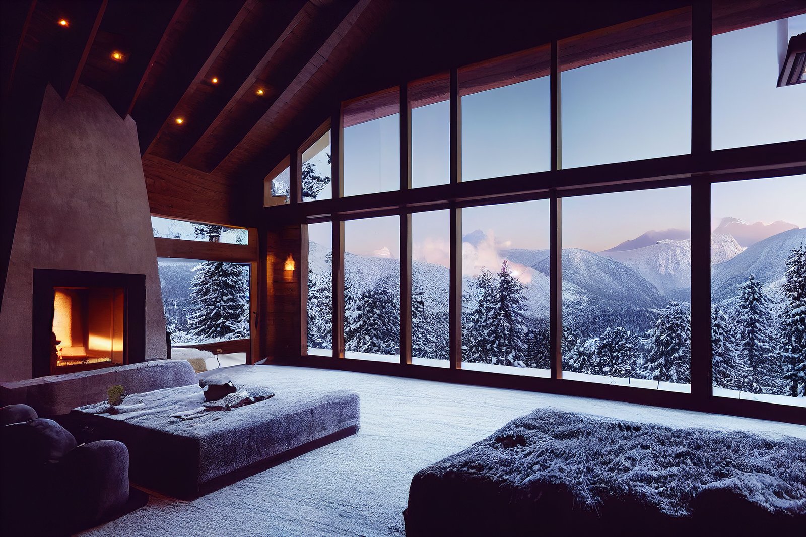 Fiktive Ferienwohnung in verschneiter Berglandschaft